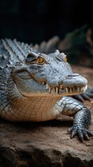 Fototapeta premium Close Up of a Large Alligator Reptile Resting in the Shadows with Scales and Sharp Teeth