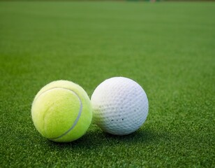 A vibrant yellow tennis ball and a white golf ball sit side by side on lush green grass.