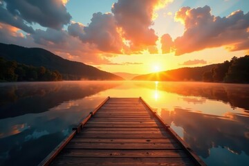 Obraz premium Sunrise paints lake gold, wooden dock extends into calm water , calm, light