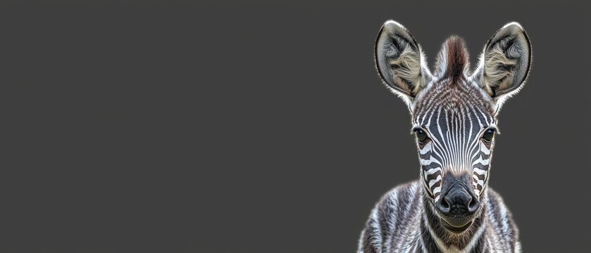 Adorable Young Zebra Portrait on Dark Background with Striking Stripes