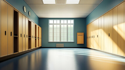 Obraz premium Bright School Hallway with Wooden Lockers and Sunlight