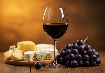 Red Wine Glass with Cheese Selection and Grapes
