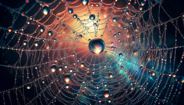 Spider Web with Water Droplets &ndash; Macro Photography of Dew on Web in Glowing Light, Macro Shot of Spider Web with Water Droplets and Glowing Light Background, Colorful Macro Spider Web with Water Drop 