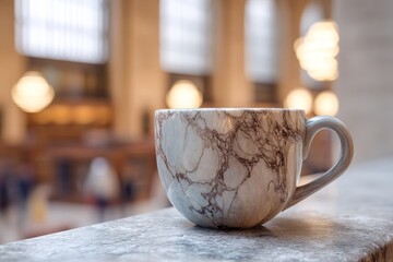 Elegant marble mug on a light stone ledge.