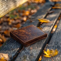 Brown leather wallet on weathered wooden bench with autumn leaves