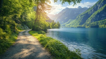 Serene Lake Path: A Beautiful Walk by the Water, Surrounded by Lush Green Trees and Majestic Mountains at Sunrise