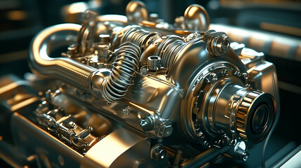 Close Up of a Gleaming Metallic Engine with Intricate Details