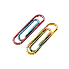 Obraz premium Colorful Paperclips Close-up Red, Blue, and Gold Metallic Office Supplies