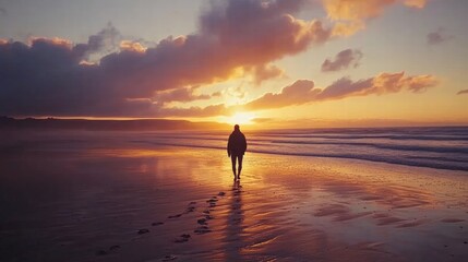 A person walks alone on the beach under a dramatic sunset sky. Waves gently lap at the shore in this peaceful, serene moment.