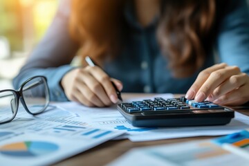 A person is actively using a calculator and also writing on a piece of paper