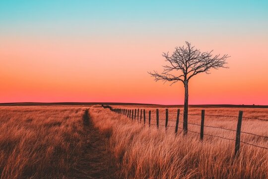 Empty field at sunset with lone tree and fence