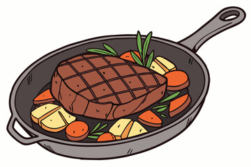 164 a beautifully cooked steak in a skillet, sizzling with roasted vegetables, detailed, high resolution, photographic quality, digital art, 4K