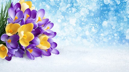Vibrant Crocus Flowers on Snowy Background with Blue Bokeh Effect