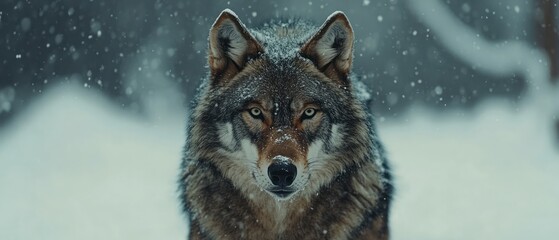 Intense gaze of a wolf in a snowy landscape.
