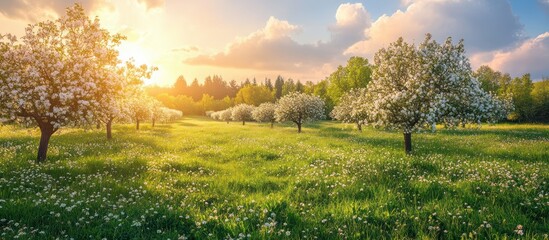 Blooming Trees in Meadow at Sunrise