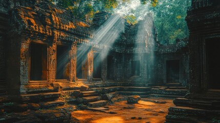 Ancient temple ruins illuminated by sunlight, surrounded by lush greenery and mysterious shadows in a serene atmosphere.