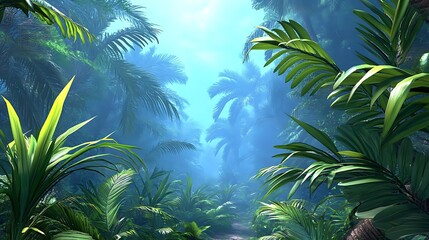 Lush Tropical Rainforest Path Serene Sunlight Through Dense Palm Trees and Foliage