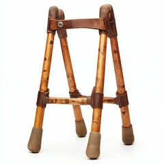 Vintage Wooden Folding Stool with Leather Straps and Rubber Feet