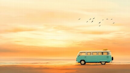 A vintage van parked by the beach, basking in golden sunset hues and accompanied by flying birds, perfect for travel dreams.