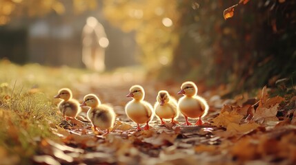 Adorable ducklings walk down a leafy path, basking in autumn sunlight. A human figure is blurred in the background, creating a warm scene.