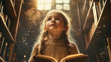 A young girl gazing in wonder at an open book in a magical library filled with light and dust particles, inspiring curiosity and imagination.