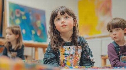 Children Focused on Art Class, Expressing Creativity with Colors and Imagination