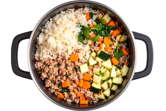 Two Top view of a pot with food ingredients. In the bottom left corner of the pan, there are vegetables, including carrots, rice, spinach leaves, and zucchini peels. This is a transparent background 