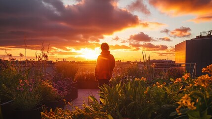 A person gazing at a beautiful sunset from a rooftop garden, surrounded by vibrant flowers and lush greenery.