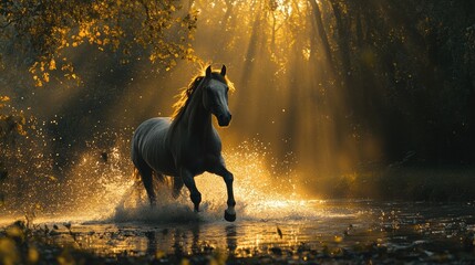 Majestic white horse running through water, light beams shining through trees, capturing a moment of natural beauty and serenity.