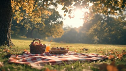 Cozy Autumn Picnic in a Park with a Basket and Blanket Under the Sun