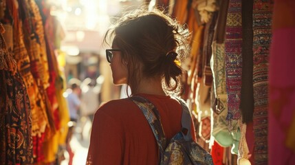 Exploring Colorful Markets: A Traveler in Sunglasses and Backpack Wandering Through Vibrant Stalls
