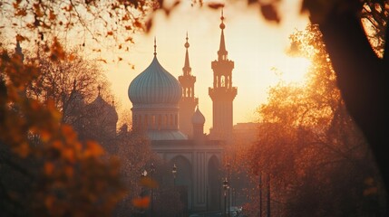 Beautiful sunset over a historic mosque, showcasing stunning architecture and serene nature in warm light.