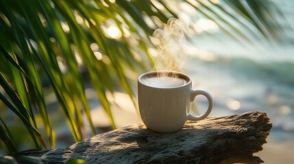 A warm cup of coffee sits on a log by the beach, steam rising gently in the morning light surrounded by leafy palms.