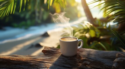 A warm cup of coffee rests on a log amidst tropical leaves by a beautiful beach. Morning sun brings peace and warmth to the scene.