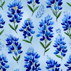 Seamless pattern of flat watercolor-style Texas bluebonnets in soft solid colors
