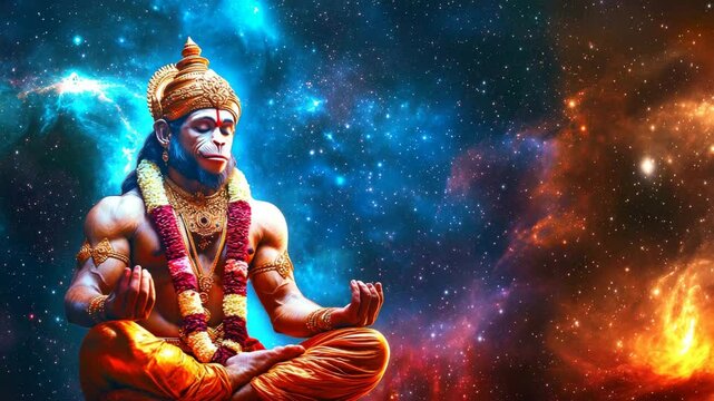 Hanuman meditating in cosmic space with glowing starry background