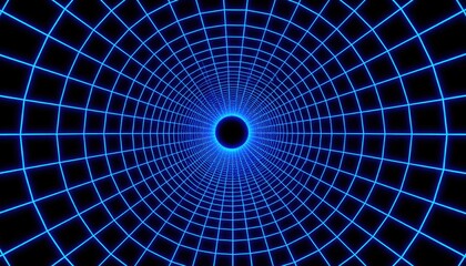 A mesmerizing blue grid tunnel against a black background, creating a sense of depth and infinity