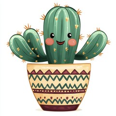 Cute cartoon cactus with happy face in decorative pot design