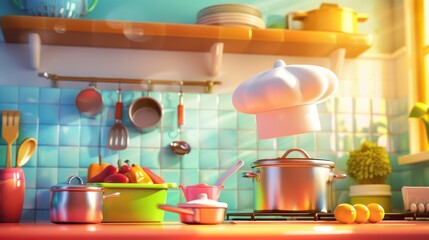 Whimsical Kitchen Scene with Floating Chef Hat and Colorful Ingredients