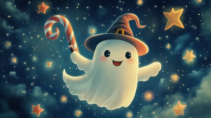 Cute Ghost in a Witch Hat with Candy Cane and Stars Background