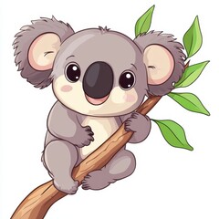 Cute cartoon koala bear sitting on branch with green leaves