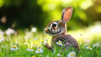 Cute Brown Rabbit Among Daisies in a Lush Green Meadow