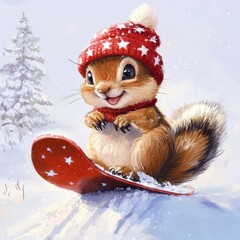 Cheerful Squirrel on Snowboard in a Winter Wonderland Landscape