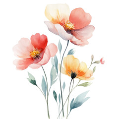 Colorful watercolor flowers gracefully arranged on a soft transparent background depicting serene natural beauty, Navy Watercolor Flowers on transparent background