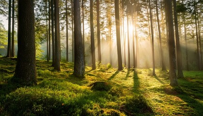 Morning Forest Landscape with Soft Sunlight, Misty and Calm Atmosphere, High-Resolution / 森林の朝、柔らかい朝日が差し込む霧の中の落ち着いた風景、高画質