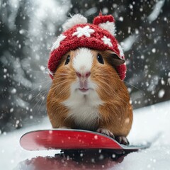 Adorable Guinea Pig in Winter Hat Enjoying a Snowy Day on a Sled