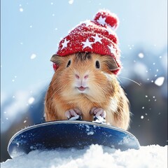 Cute Guinea Pig in Red Winter Hat on Snowy Landscape with Sled