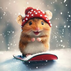 Adorable Hamster in Red Winter Hat Enjoying Snowy Sledding Fun