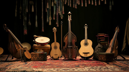 Collection of Vintage Stringed Instruments on a Rug
