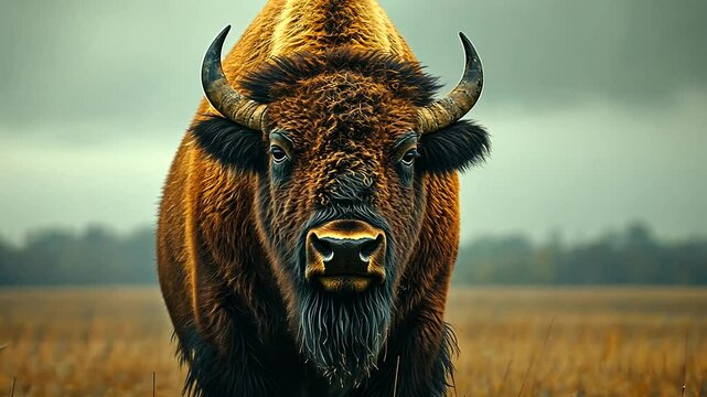 Majestic bison standing in a golden grassland under a dramatic cloudy sky, showcasing wildlife